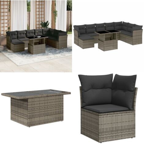 Set Divano da Giardino 9 pz con Cuscini Grigio in Polyrattan - Sedute da esterno - Tavolo da giardino