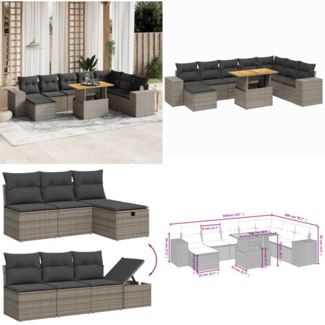 Set Divano da Giardino 9 pz con Cuscini Grigio in Polyrattan - Sedute da esterno - Tavolo da giardino