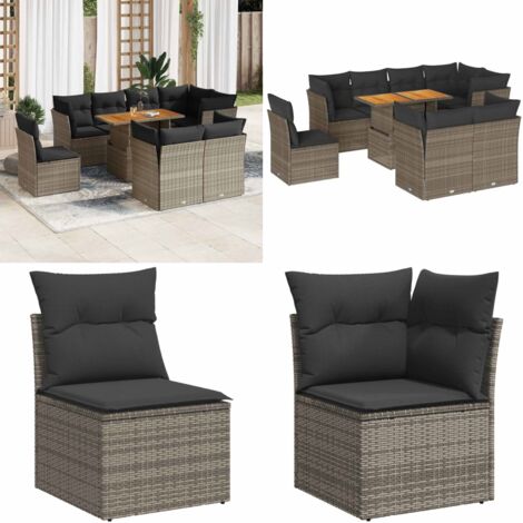 Set Divano da Giardino 9 pz con Cuscini Grigio in Polyrattan - Sedute da esterno - Tavolo da giardino