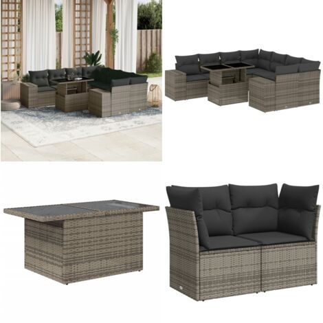 Set Divano da Giardino 9 pz con Cuscini Grigio in Polyrattan - Sedute da esterno - Tavolo da giardino