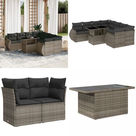 Set Divano da Giardino 9 pz con Cuscini Grigio in Polyrattan - Sedute da esterno - Tavolo da giardino