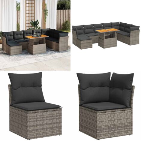 Set Divano da Giardino 9 pz con Cuscini Grigio in Polyrattan - Sedute da esterno - Tavolo da giardino
