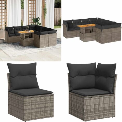 Set Divano da Giardino 9 pz con Cuscini Grigio in Polyrattan - Sedute da esterno - Tavolo da giardino