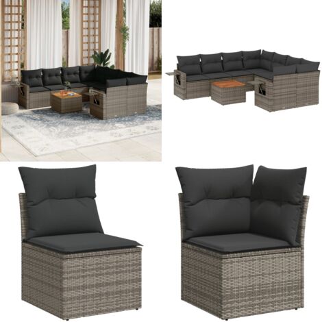 Set Divano da Giardino 9 pz con Cuscini Grigio in Polyrattan - Sedute da esterno - Tavolo da giardino