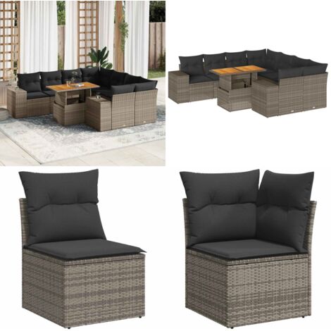 Set Divano da Giardino 9 pz con Cuscini Grigio in Polyrattan - Sedute da esterno - Tavolo da giardino