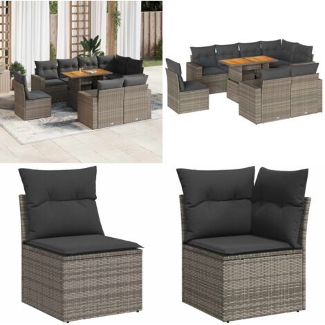 Set Divano da Giardino 9 pz con Cuscini Grigio in Polyrattan - Sedute da esterno - Tavolo da giardino