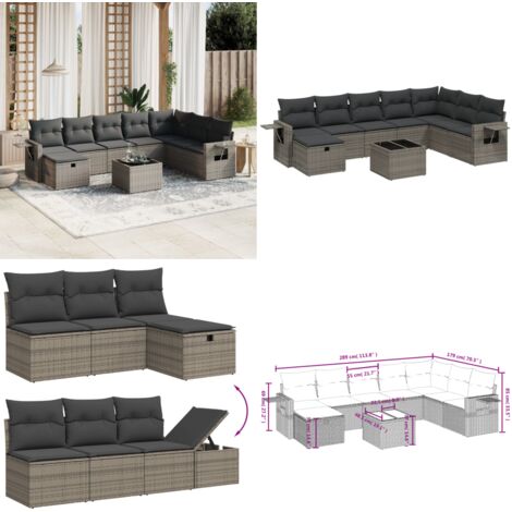 Set Divano da Giardino 9 pz con Cuscini Grigio in Polyrattan - Sedute da esterno - Tavolo da giardino
