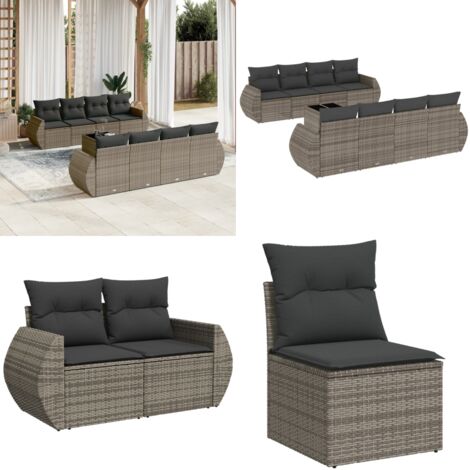 Set Divano da Giardino 9 pz con Cuscini Grigio in Polyrattan - Sedute da esterno - Tavolo da giardino