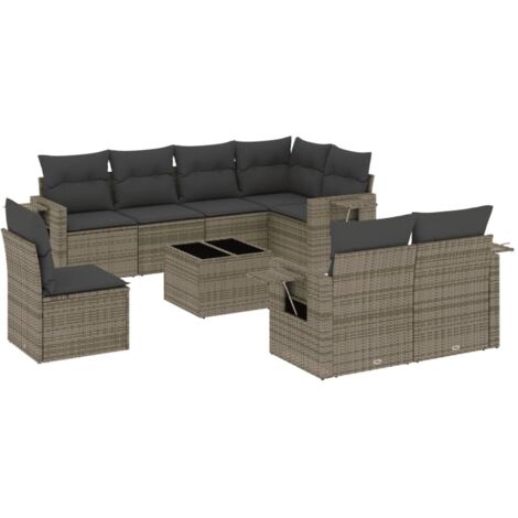 Set Divano da Giardino 9 pz con Cuscini Grigio in Polyrattan vidaXL