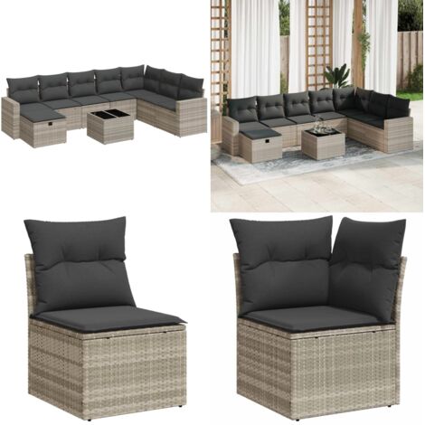 Set Divano da Giardino 9pz con Cuscini Grigio Chiaro Polyrattan - Poltrona da giardino - Seduta da giardino