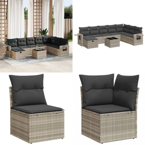 Set Divano da Giardino 9pz con Cuscini Grigio Chiaro Polyrattan - Poltrona da giardino - Seduta da giardino