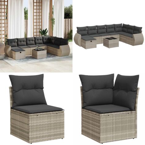 Set Divano da Giardino 9pz con Cuscini Grigio Chiaro Polyrattan - Poltrona da giardino - Seduta da giardino