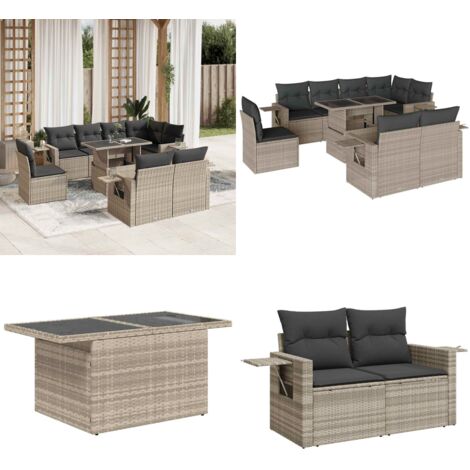 Set Divano da Giardino 9pz con Cuscini Grigio Chiaro Polyrattan - Poltrona da giardino - Tavolo da giardino
