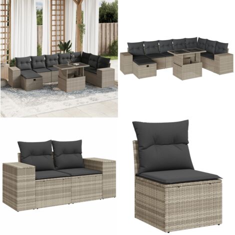 Set Divano da Giardino 9pz con Cuscini Grigio Chiaro Polyrattan - Poltrona da giardino - Tavolo da giardino