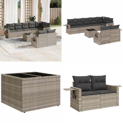 Set Divano da Giardino 9pz con Cuscini Grigio Chiaro Polyrattan - Poltrona da giardino - Tavolo da giardino