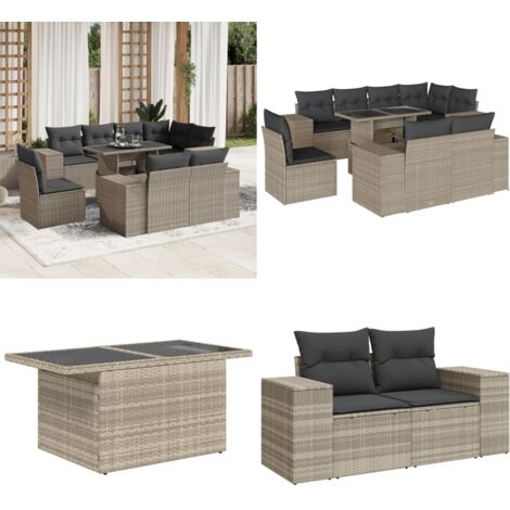 Set Divano da Giardino 9pz con Cuscini Grigio Chiaro Polyrattan - Poltrone da giardino - Tavolo da giardino
