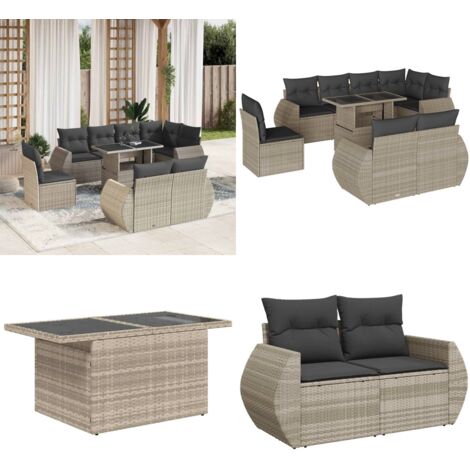 Set Divano da Giardino 9pz con Cuscini Grigio Chiaro Polyrattan - Poltrone da giardino - Tavolo da giardino