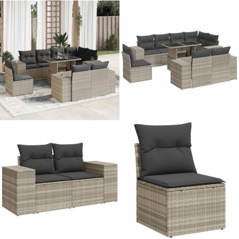 Set Divano da Giardino 9pz con Cuscini Grigio Chiaro Polyrattan - Seduta angolare - Tavolo da giardino
