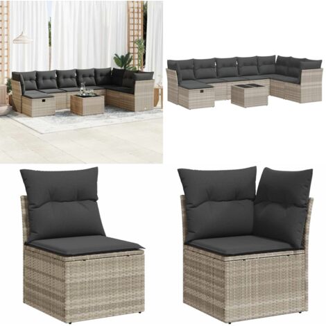 Set Divano da Giardino 9pz con Cuscini Grigio Chiaro Polyrattan - Sedute angolari - Sedute centrali