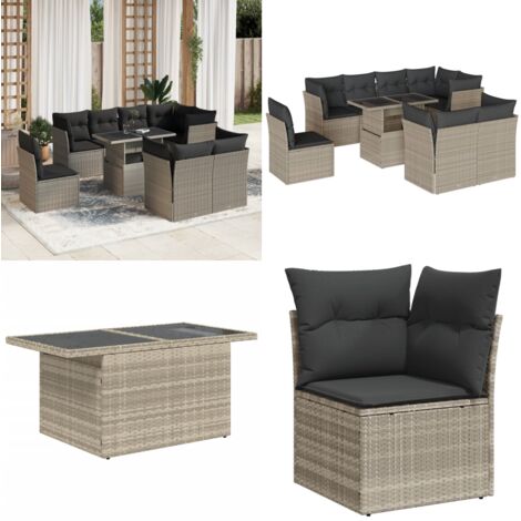 Set Divano da Giardino 9pz con Cuscini Grigio Chiaro Polyrattan - Sedute angolari - Tavolo da giardino