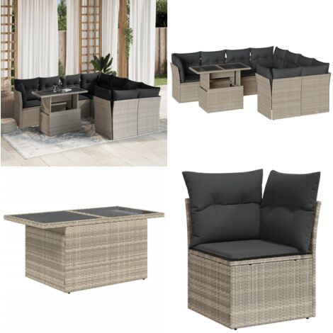 Set Divano da Giardino 9pz con Cuscini Grigio Chiaro Polyrattan - Sedute da esterno - Tavolo da giardino