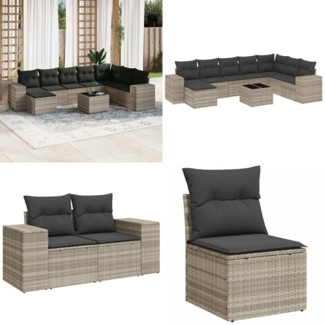 Set Divano da Giardino 9pz con Cuscini Grigio Chiaro Polyrattan - Sedute da esterno - Tavolo da giardino