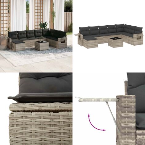Set Divano da Giardino 9pz con Cuscini Grigio Chiaro Polyrattan - Sedute da esterno - Tavolo da giardino
