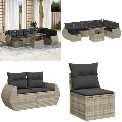 Set Divano da Giardino 9pz con Cuscini Grigio Chiaro Polyrattan - Sedute da esterno - Tavolo da giardino