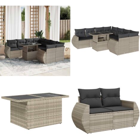 Set Divano da Giardino 9pz con Cuscini Grigio Chiaro Polyrattan - Sedute da esterno - Tavolo da giardino