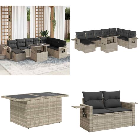 Set Divano da Giardino 9pz con Cuscini Grigio Chiaro Polyrattan - Sedute da esterno - Tavolo da giardino