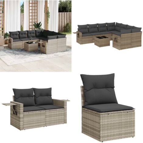 Set Divano da Giardino 9pz con Cuscini Grigio Chiaro Polyrattan - Sedute da esterno - Tavolo da giardino
