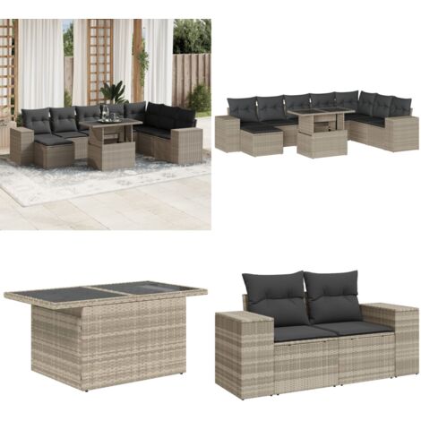 Set Divano da Giardino 9pz con Cuscini Grigio Chiaro Polyrattan - Sedute da esterno - Tavolo da giardino