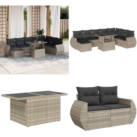 Set Divano da Giardino 9pz con Cuscini Grigio Chiaro Polyrattan - Sedute da esterno - Tavolo da giardino
