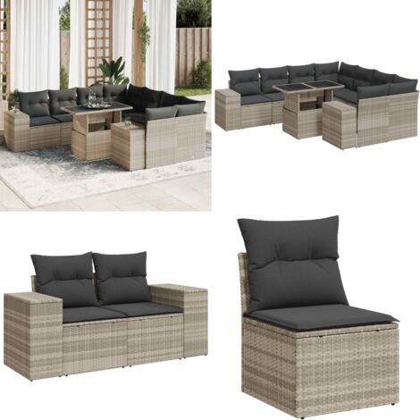 Set Divano da Giardino 9pz con Cuscini Grigio Chiaro Polyrattan - Sedute da esterno - Tavolo da giardino
