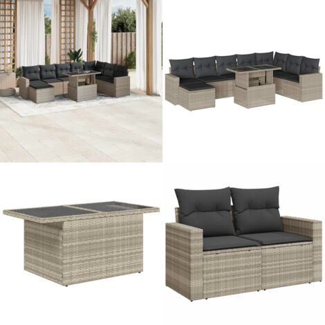 Set Divano da Giardino 9pz con Cuscini Grigio Chiaro Polyrattan - Sedute da esterno - Tavolo da giardino