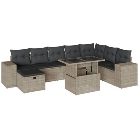 Set Divano da Giardino 9pz con Cuscini Grigio Chiaro Polyrattan vidaXL