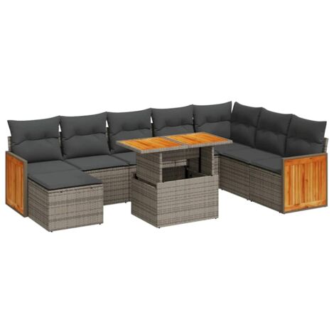 Set Divano da Giardino 9pz con Cuscini Grigio Polyrattan Acacia vidaXL