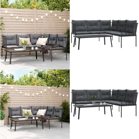 Set Divano da Giardino con Cuscini Nero Acciaio e Textilene - Cuscini da seduta - Tavolo da patio