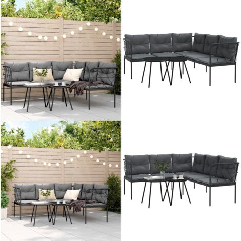 Set Divano da Giardino con Cuscini Nero Acciaio e Textilene - Cuscini da seduta - Tavolo da patio