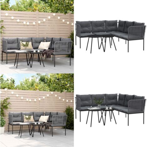 Set Divano da Giardino con Cuscini Nero Acciaio e Textilene - Cuscini da seduta - Tavolo da patio