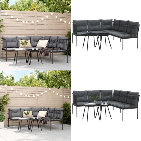 Set Divano da Giardino con Cuscini Nero Acciaio e Textilene - Divano a forma di L - Cuscini da seduta