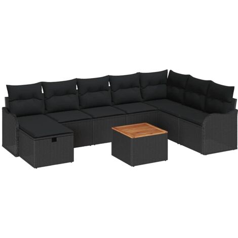 Set Divano da Giardino con cuscino 9 pcs Nero Poly Rattan vidaXL