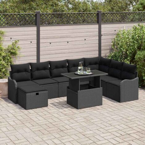 Set Divano da Giardino con cuscino 9 pcs Nero Poly Rattan vidaXL