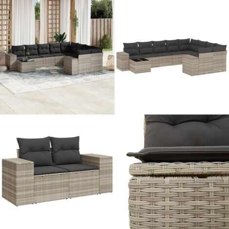 Set Divano Giardino 10 pz con Cuscini Grigio Chiaro Polyrattan - Seduta da esterno - Cuscini da giardino