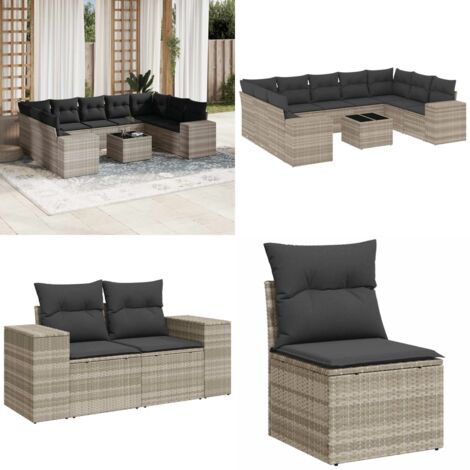 Set Divano Giardino 10 pz con Cuscini Grigio Chiaro Polyrattan - Seduta da esterno - Cuscini da giardino