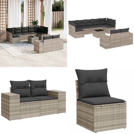 Set Divano Giardino 10 pz con Cuscini Grigio Chiaro Polyrattan - Seduta da esterno - Cuscini da giardino