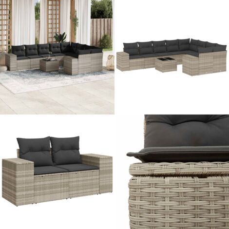 Set Divano Giardino 10 pz con Cuscini Grigio Chiaro Polyrattan - Seduta da esterno - Cuscini da giardino