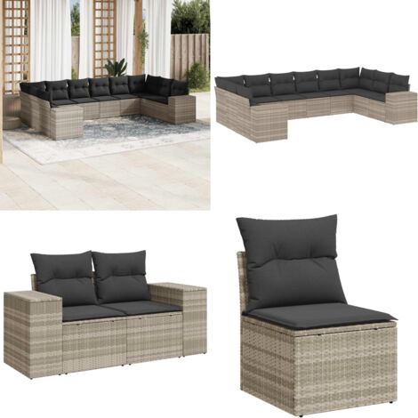 Set Divano Giardino 10 pz con Cuscini Grigio Chiaro Polyrattan - Seduta da esterno - Cuscini da seduta