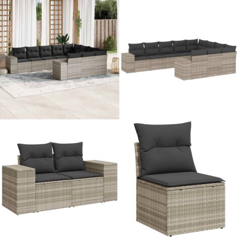 Set Divano Giardino 10 pz con Cuscini Grigio Chiaro Polyrattan - Seduta da esterno - Cuscini da seduta