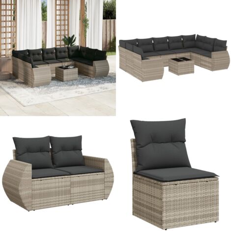 Set Divano Giardino 10 pz con Cuscini Grigio Chiaro Polyrattan - Seduta da esterno - Cuscini da seduta